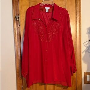 Avenue Red Button-Front Embroidered Blouse